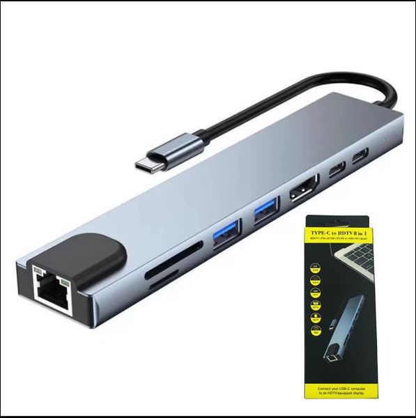 USB-C 8-in-1 Hub for MacBook HDMI RJ45 SD TF Card Reader