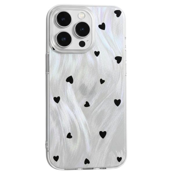 Iridescent Pearl Case with Black Heart Design - Compatible with iPhone