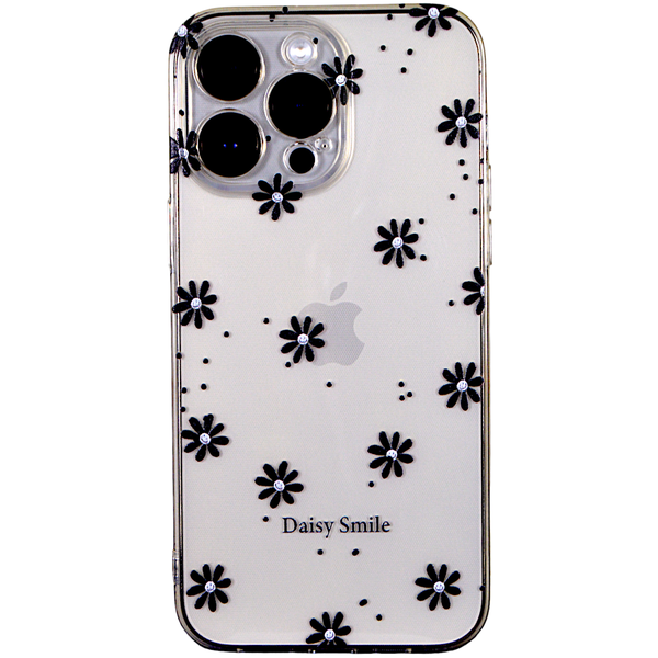 Clear - Phone Case with Black Smiley Face Flowers - Iphone 15 Pro Max