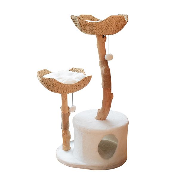 Natural Wood Cat Tree for Large Cats with 2 Cat Beds, Room &amp; Cat Scratcher