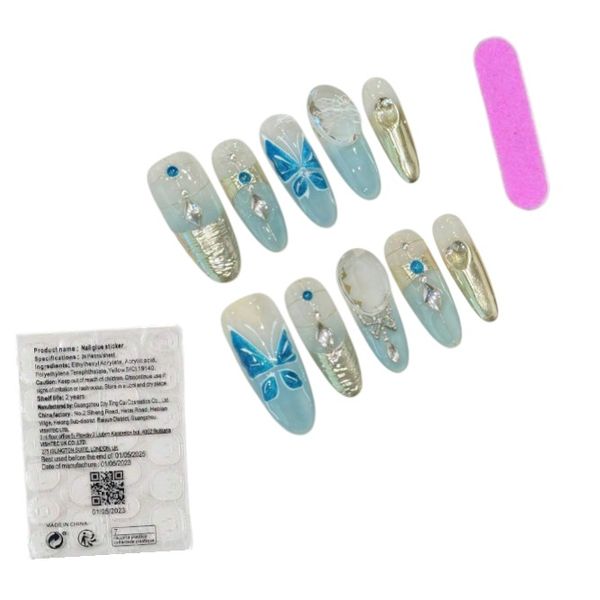 10 Piece - Blue Butterfly &amp; Gemstone Almond Press-On Nails