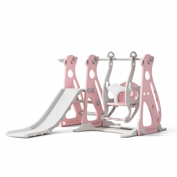3-in-1 Toddler Play Center - Slide, Swing &amp; Basketball Hoop - Pink/Grey