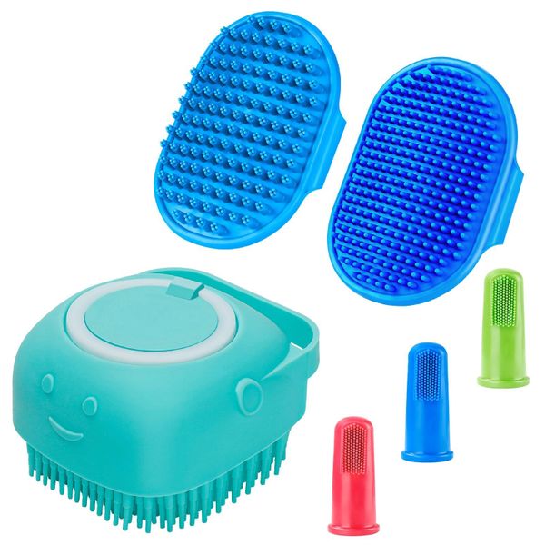3-Piece Dog Bath &amp; Dental Care Set - Adjustable Brush + 3 Toothbrushes