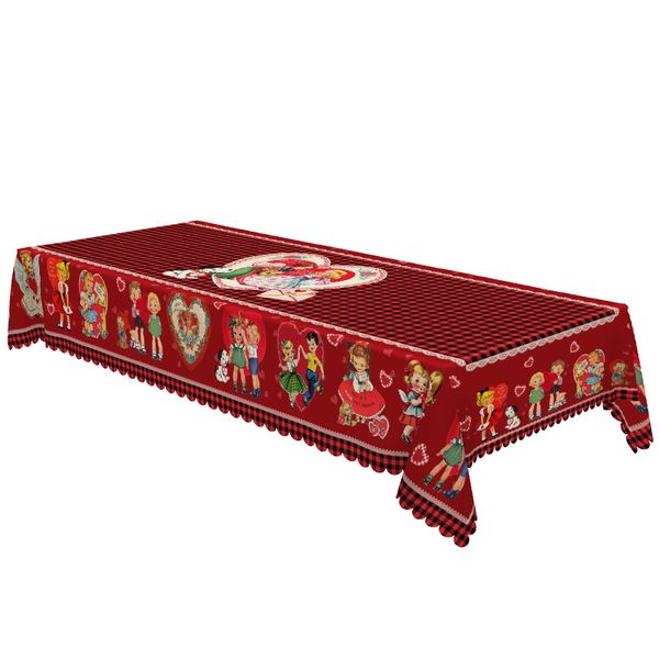Vintage Red Plaid Heart-Print Tablecloth, 10-12 Seater