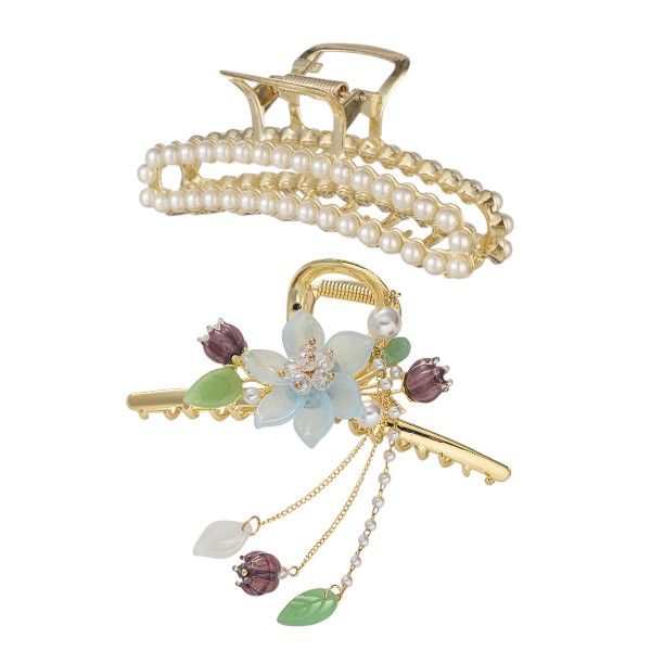 2-Pack Versatile Styling Pearl Hair Claw Clip Set - Gold