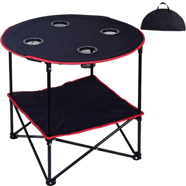 Camping Table Folding Picnic Table With 4 Cup Holders &amp; Carrying Bags-Black