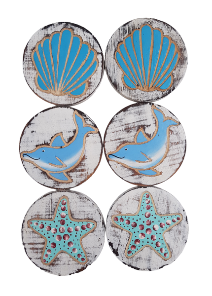 Coasters Wood Beach Theme set of 6 - 10cm
