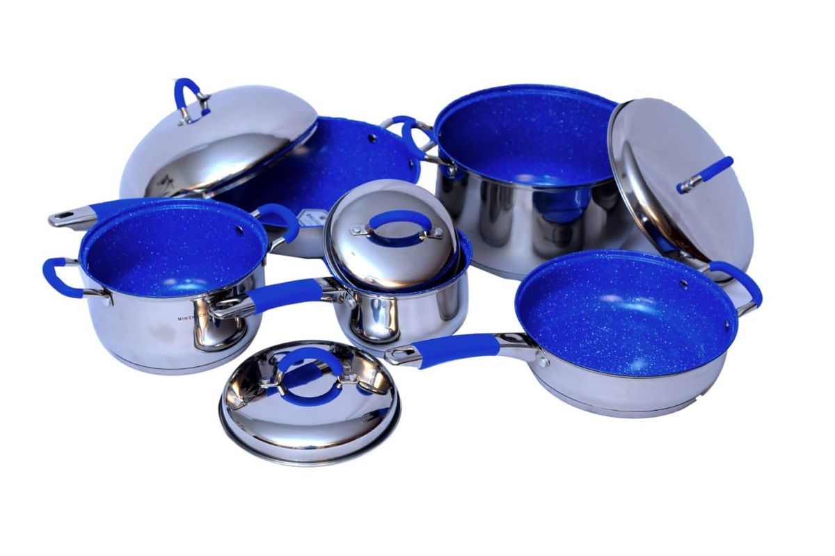 Non Stick Cast Iron Pots & Frying Pan 9 Piece Blue & Silver Buy Online in South Africa