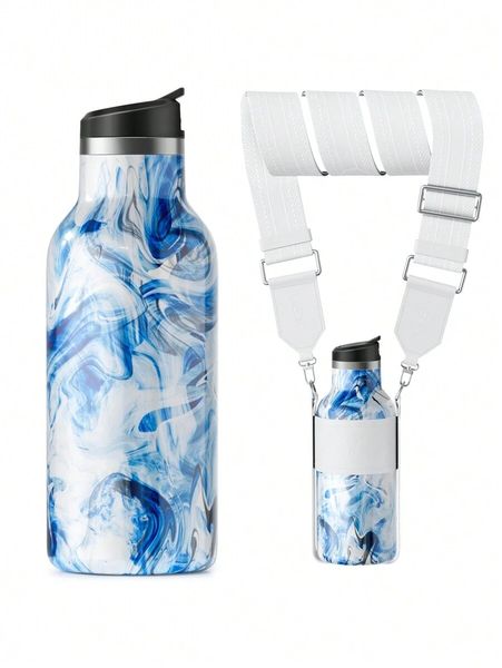 500ml Stainless Steel Insulated Water Bottle With Lid, Straw &amp; Strap