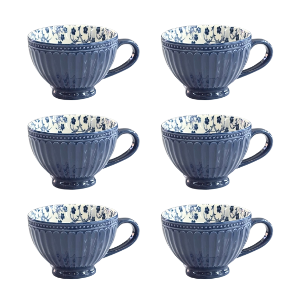 Premium Vintage Blue Ceramic Teacup Set - 6 Piece | Floral Interior Design
