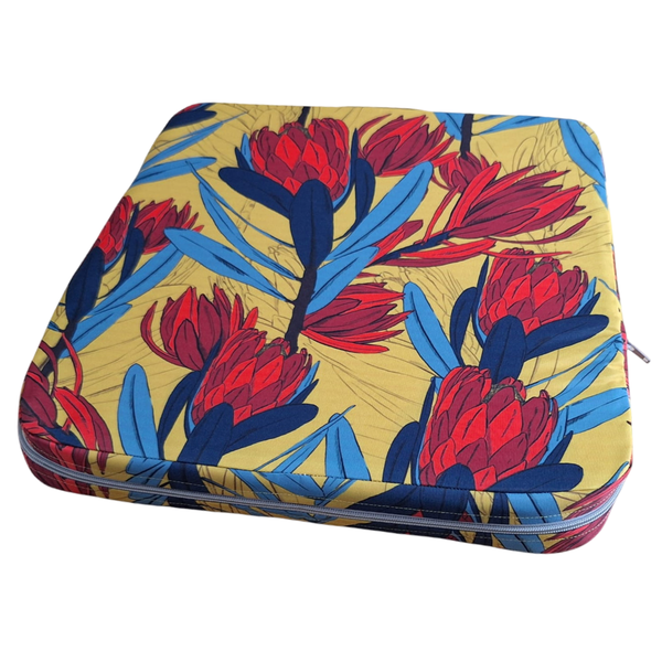Outdoor Stadium Cushion - Fire Red Proteas with Blue Leaves on Yellow