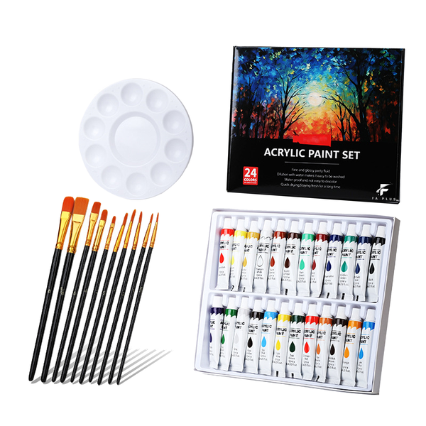 FA PLUS 24 colors 12ml Acrylic Painting Set With 10P Brushes &amp; Paint Plate