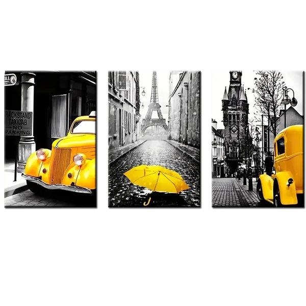 Canvas-Art-3 Pieces European Yellow Car &amp; Umbrella City Street Wall Art