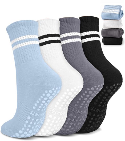 Pilates Socks With Grips For Women,Non-Slip Yoga Socks For Barre &amp; Gym 4Pcs