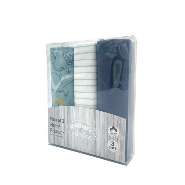 Mothers Choice 3 Pack Baby Flannel Receivers 100% Cotton - Grey Dinosaur