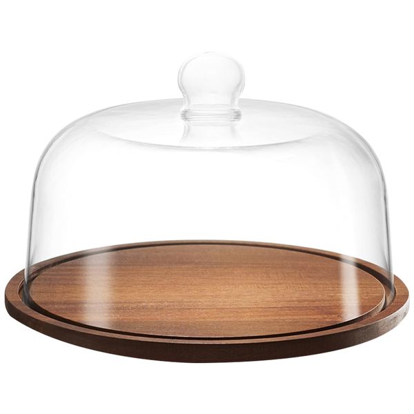 Wooden Cake Stand with Glass Dome Lid for Dessert Display 33cm Large