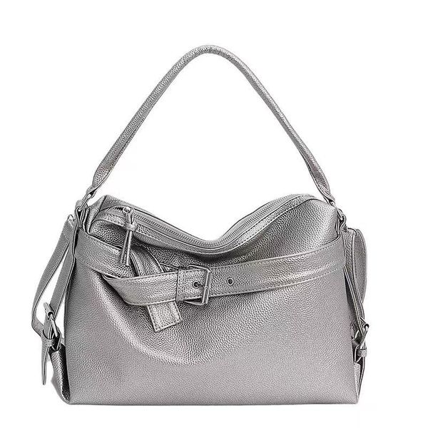 Simple Women's Leather Buckle Design Silver Crossbody Tote Bag