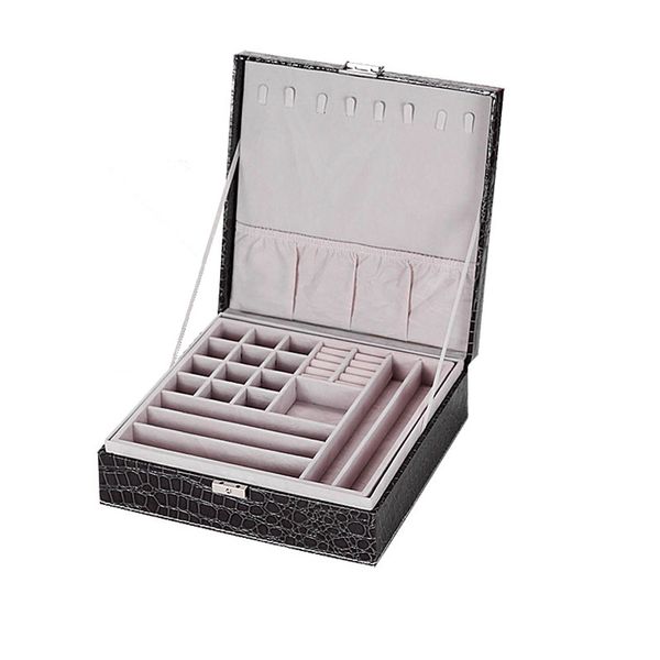 PU Leather Double-Layer Jewelry Organizer Box with Lock-Black