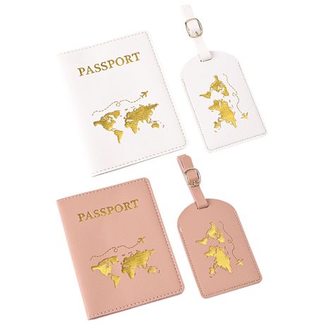 Pink & White World Map Gold Design Passport Cover Cases with Luggage Tags Image