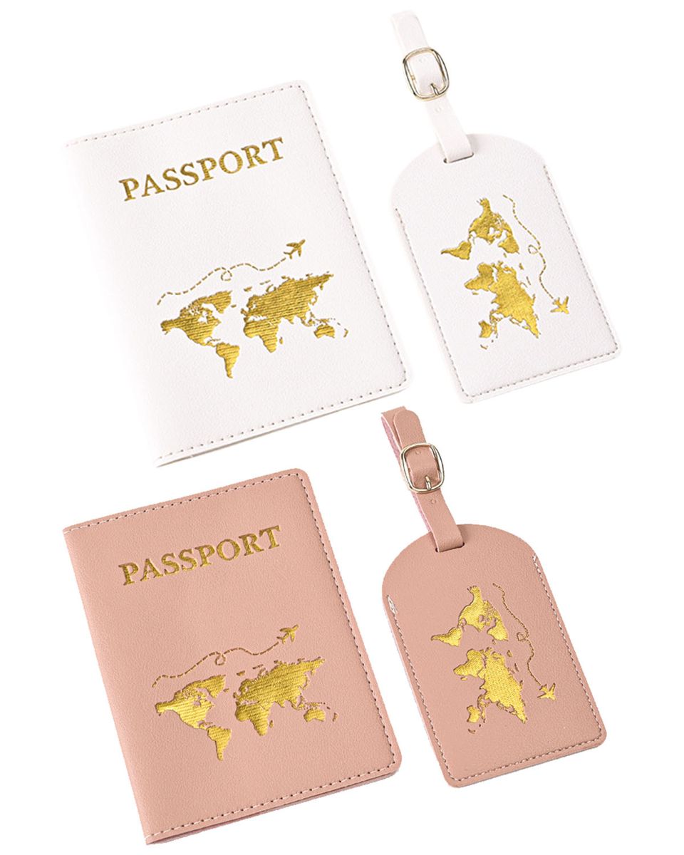 Pink & White World Map Gold Design Passport Cover Cases with Luggage Tags
