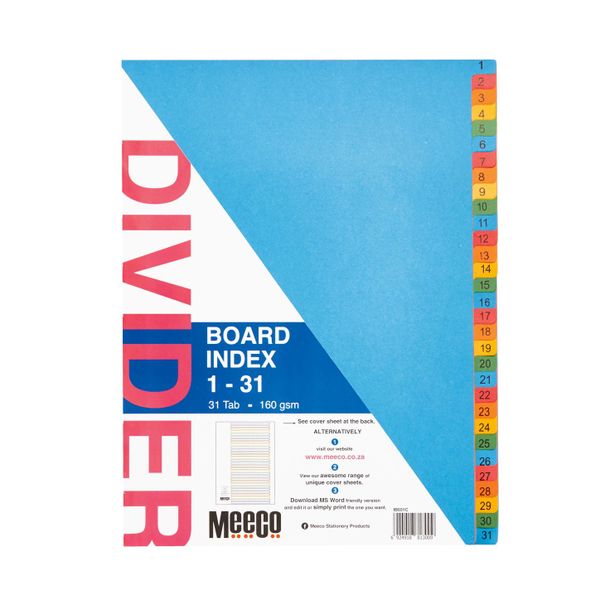 Meeco A4 31 Tab (1-31) Bright Multi Colour Board Dividers