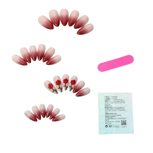 24 Piece Almond Shaped Rose Detail Press-On Nail Set - Red/Nude