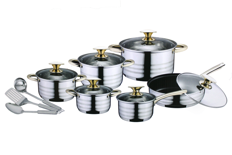15 Piece Stainless Steel Heavy Bottom Cookware with Golden Handle Set
