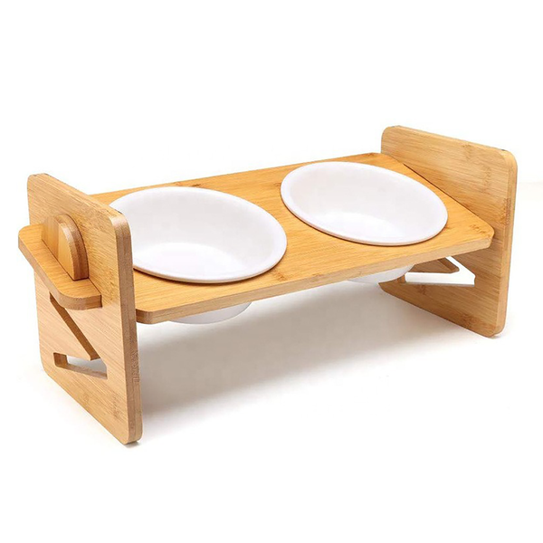Adjustable Bamboo Cat Dog Bowl Set with 2 Ceramic Bowls 4 Height Levels