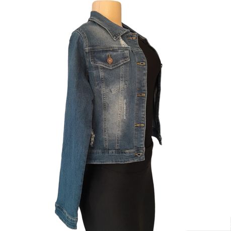 Ladies ripped denim jacket best sale