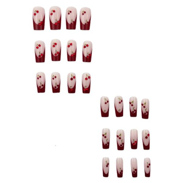 24 Cherry-Inspired Square French Tip Press On Nails With Rhinestones - Red