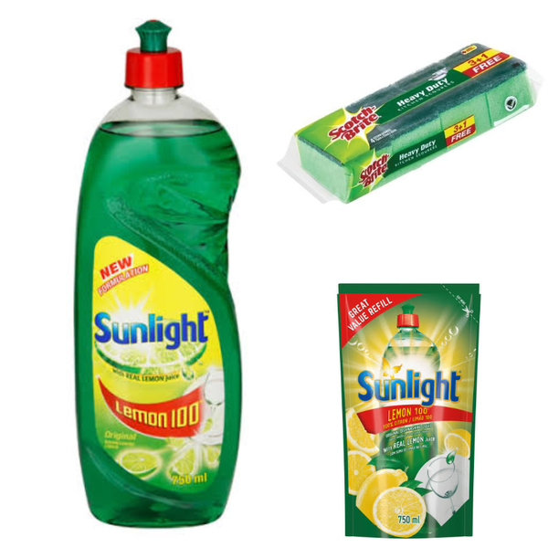 Sunlight Lemon - Dishwashing Liquid + Dishwashing Pouch + 4 Scourers