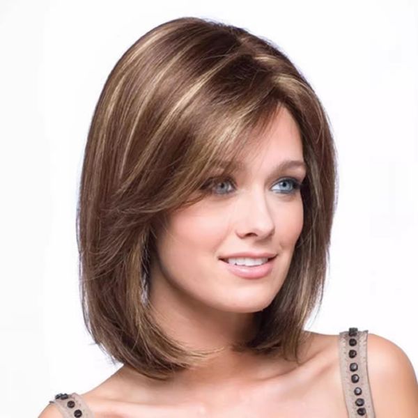 Women's Fashion Chemical Fiber Short Wig Brown Highlighting Wig Headgear