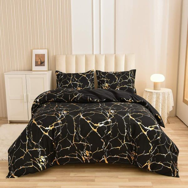 Gold Metallic Marble Comforter Set Full Size Foil Print Glitter Queen Black