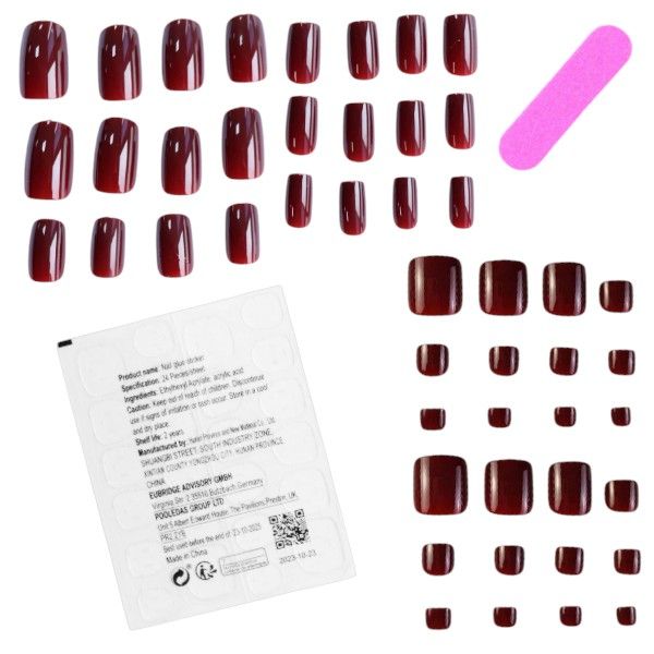 48 Piece - Square Manicure &amp; Pedicure Acrylic Nail Set - Burgundy