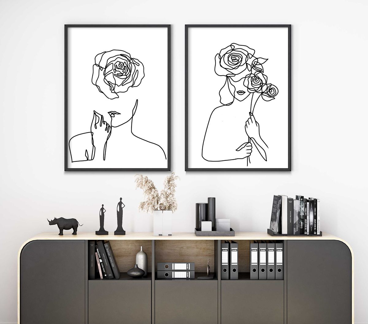 Line Art Faces with Roses A3 - Unframed