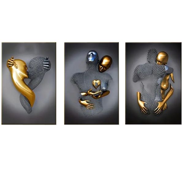 Canvas-Art-3 Pieces Metal Grey &amp; Gold Romantic Wall Art