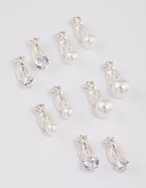 Silver Pearl &amp; Diamante Clip On Earrings 5-Pack