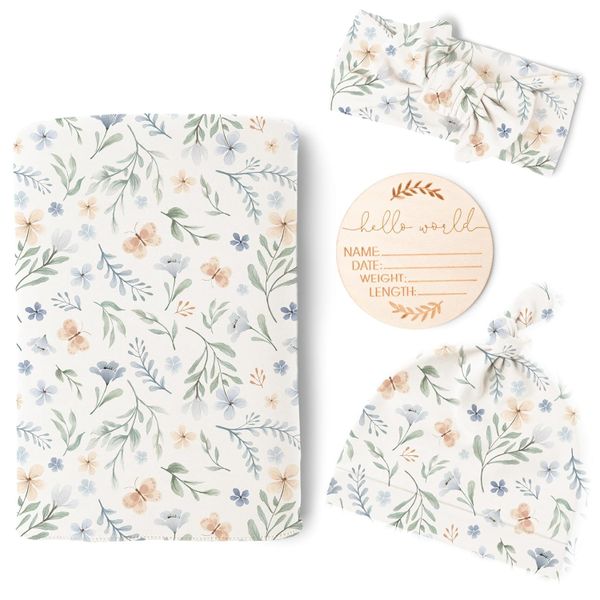 Baby Girl Newborn Receiving Blanket with Matching Headband and Beanie Set