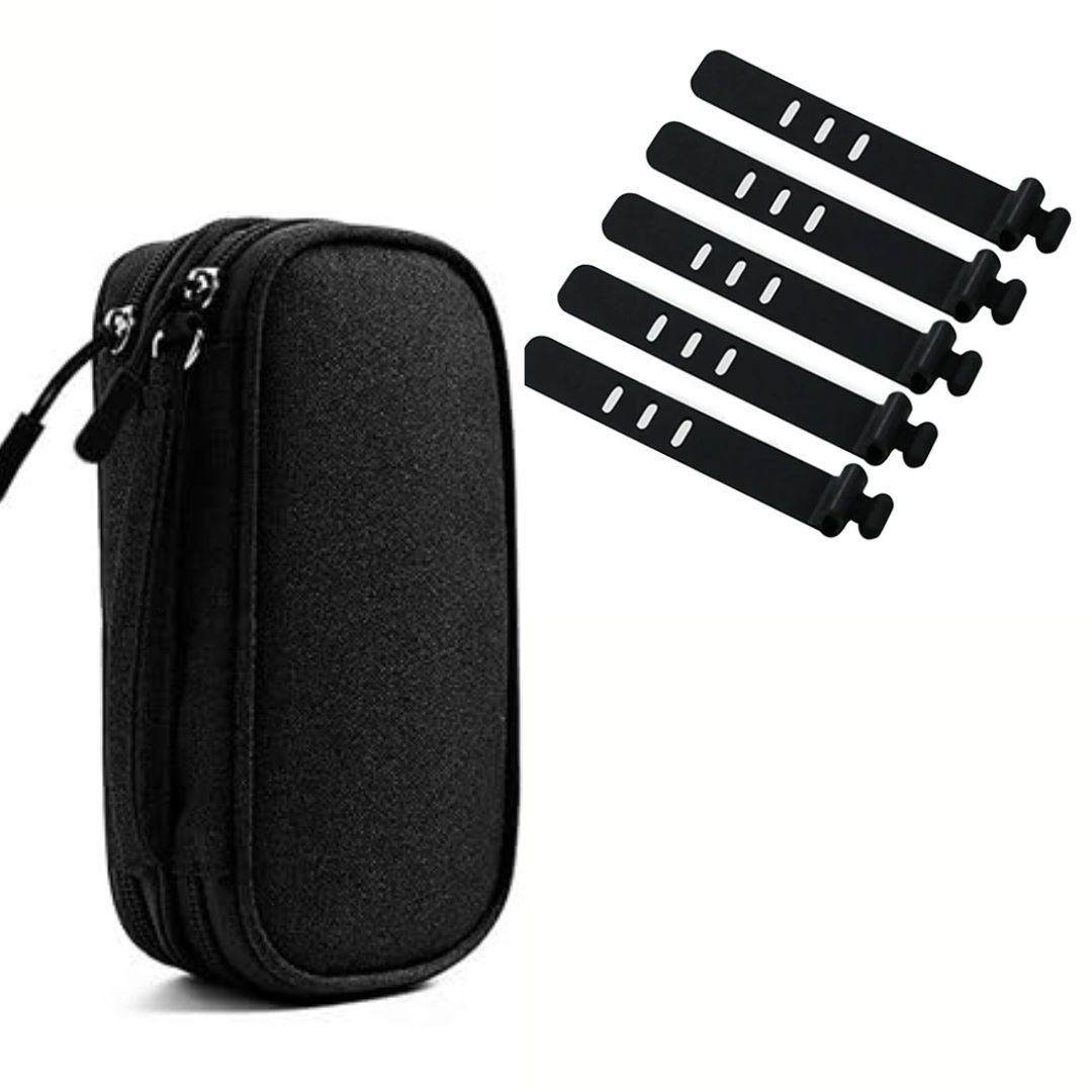 Black Charger Case Organiser And Storage Bag With 6 Silicone Cable Ties