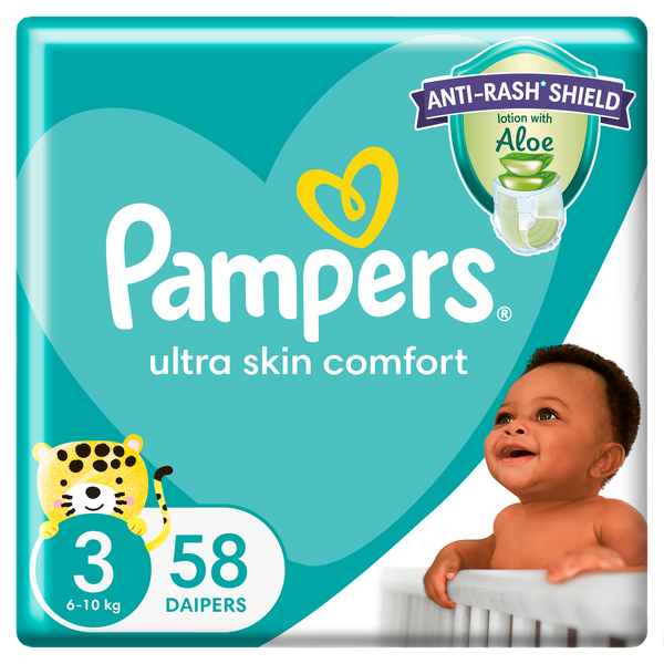 Pampers Anti-Rash Shield Taped Size 3 (6-10kg) 58 Nappies, Lotion With Aloe