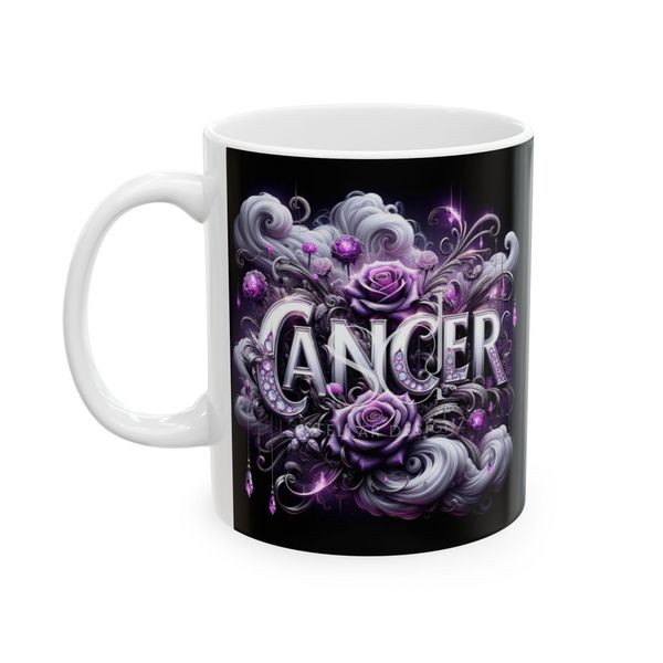 Cancer Mug - Silver Cancer text with purple roses and swirls
