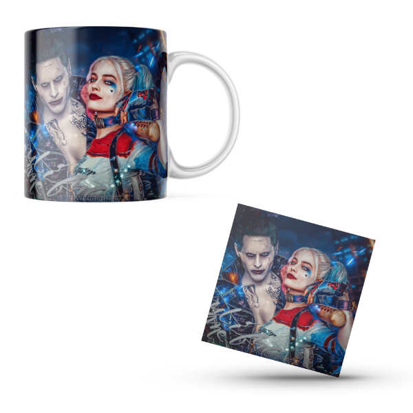 Harley Quinn and Joker Themed Printed Coffee Cup and Coaster Set