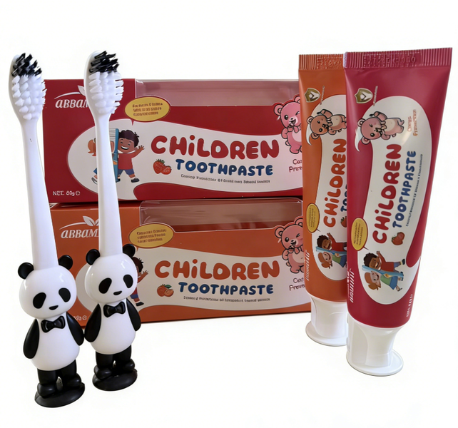 Cute Bear Dental Kit for Kids - Strawberry &amp; Orange Paste + 2 Toothbrushes