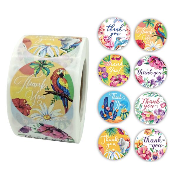 Thank You Stickers - 8 Patterns 500 Stickers 3.8cm Roll - Flower Parrot
