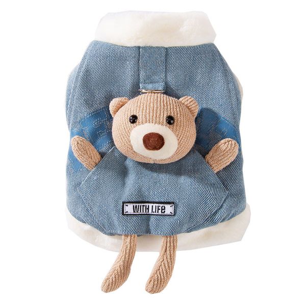 Thickened Warm Denim Pet Jacket with 3D Bear and Leash Buckle