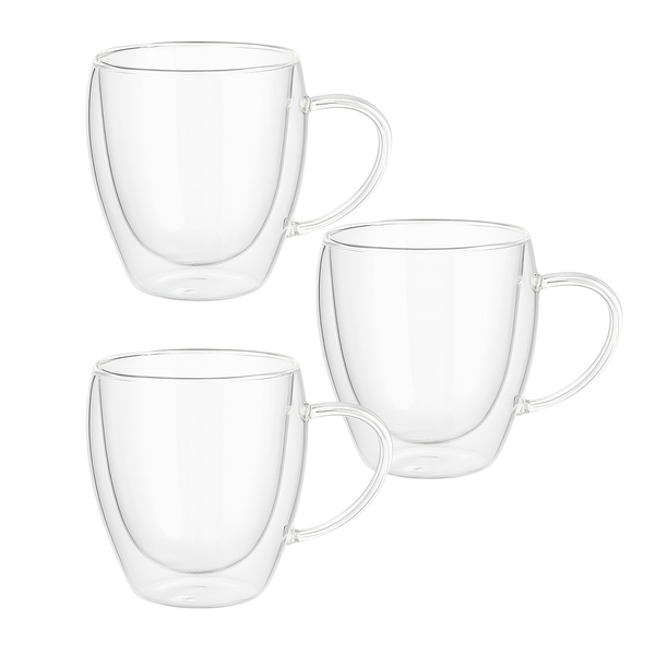 3 Pack Double Layered Glass Mugs 250ml - Transparent