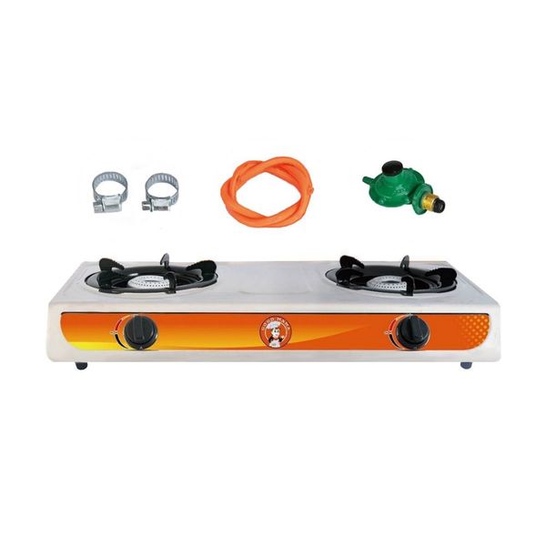 Complete 2-Plate Stainless Steel Gas Stove with Pipe and Regulator