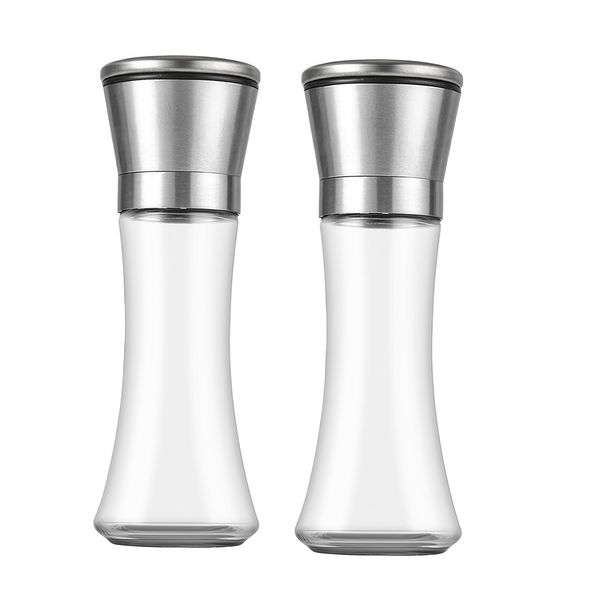 Two Seasoning Grinding Bottles, Glass Stainless Steel, 180ml Transparent