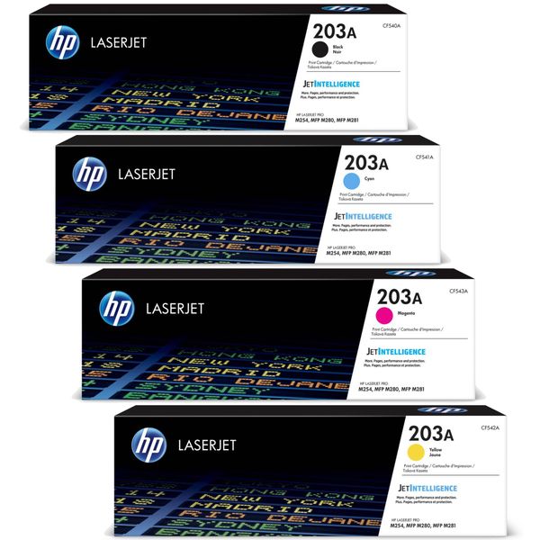HP 203A LaserJet Toner Cartridges: Black, Cyan, Magenta, Yellow Combo Pack