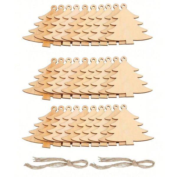 30-Piece Wooden Christmas Tree DIY Hanging Ornaments with Twine - Brown